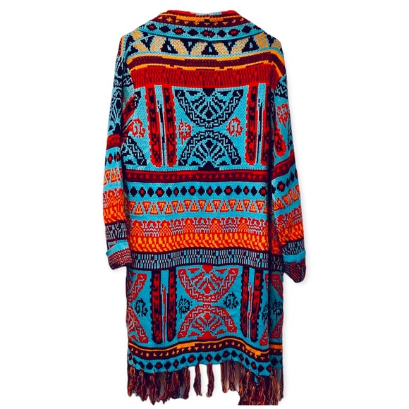 Boho Western Turquoise Open Front Fringe Trim Long Cardigan Sweater Jacket NEW - Picture 3 of 4